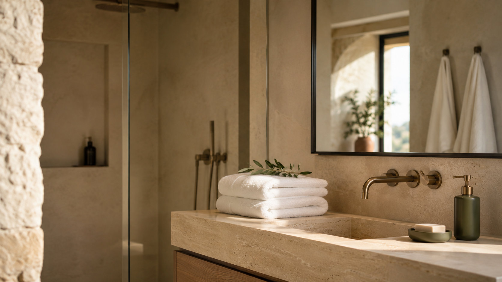 Guest-ready bathroom details with prepared towels and Mediterranean materials