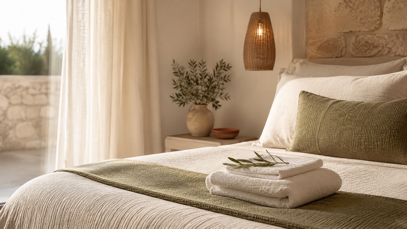 Guest-ready bedroom with prepared linen and Mediterranean interior styling