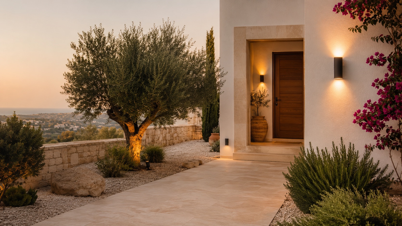 Warm evening exterior with illuminated entrance for winter property care