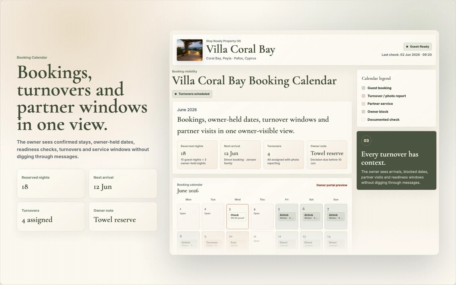 Booking calendar mockup for Full Holiday Home Operations