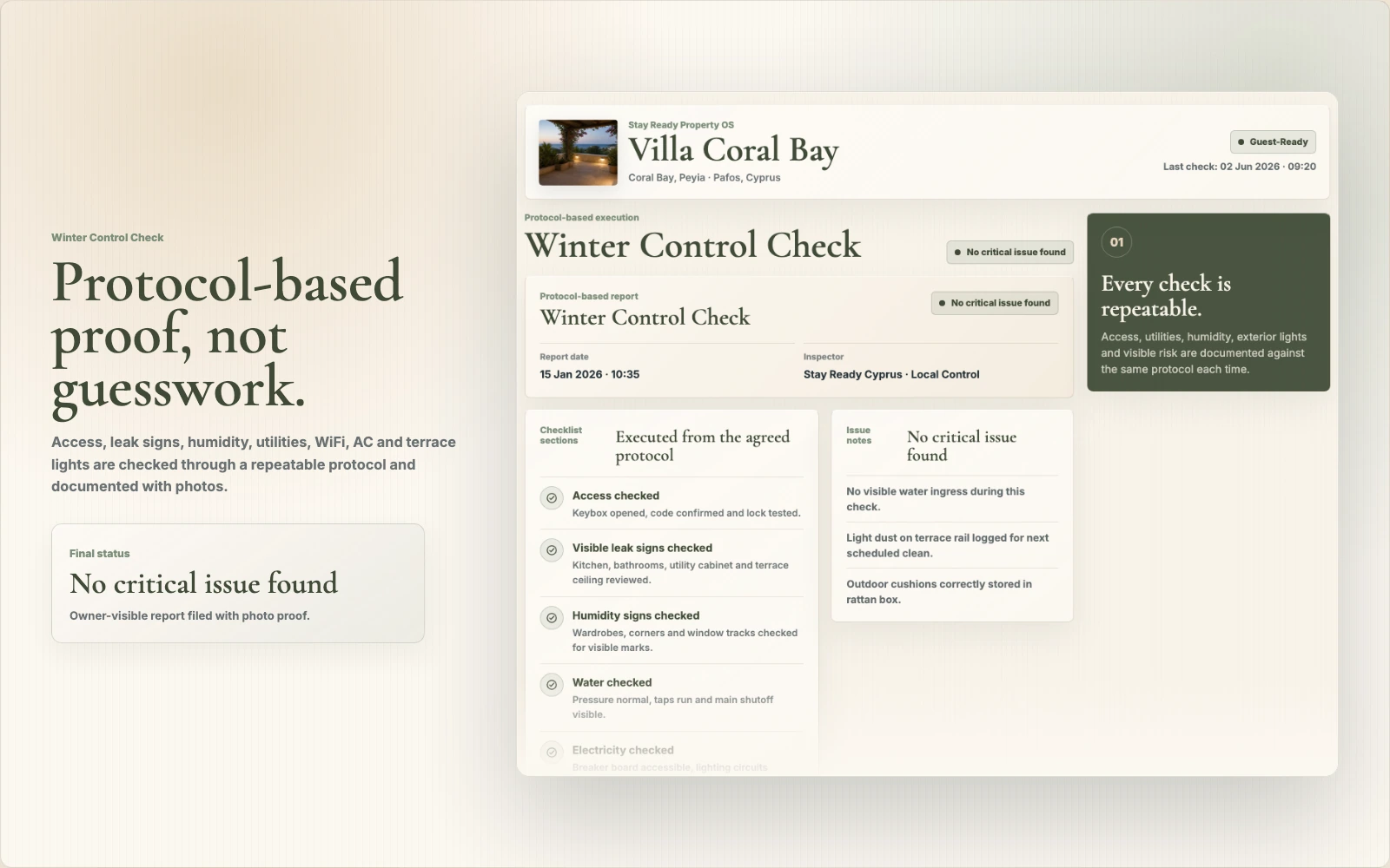 Protocol-based property check report mockup