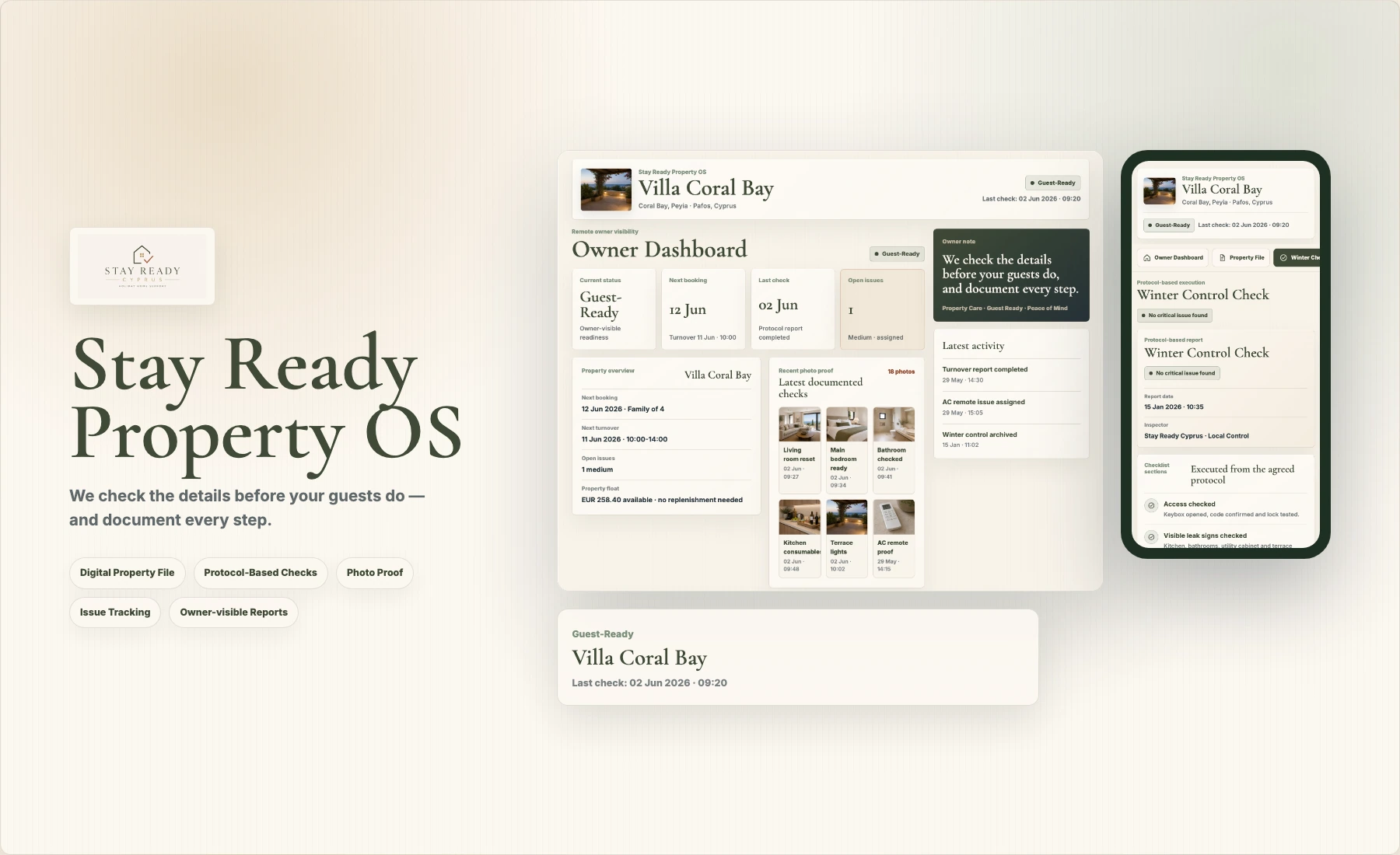 Stay Ready Property OS overview with digital file, checks, reporting and issue visibility