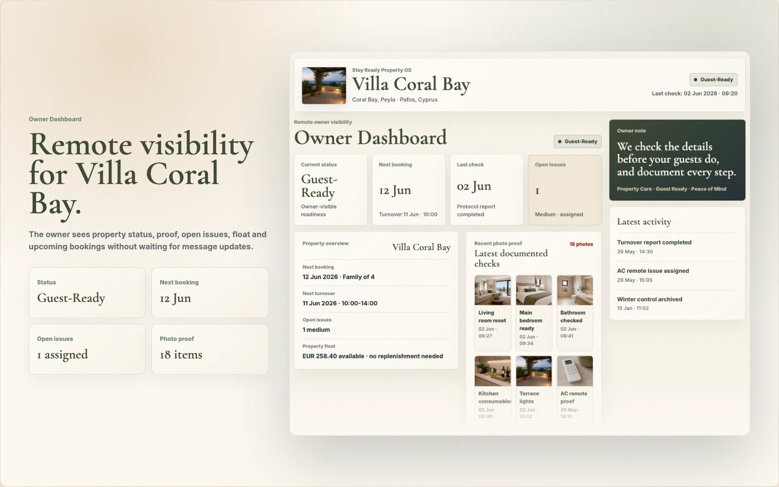 Owner dashboard mockup showing property status and owner reporting