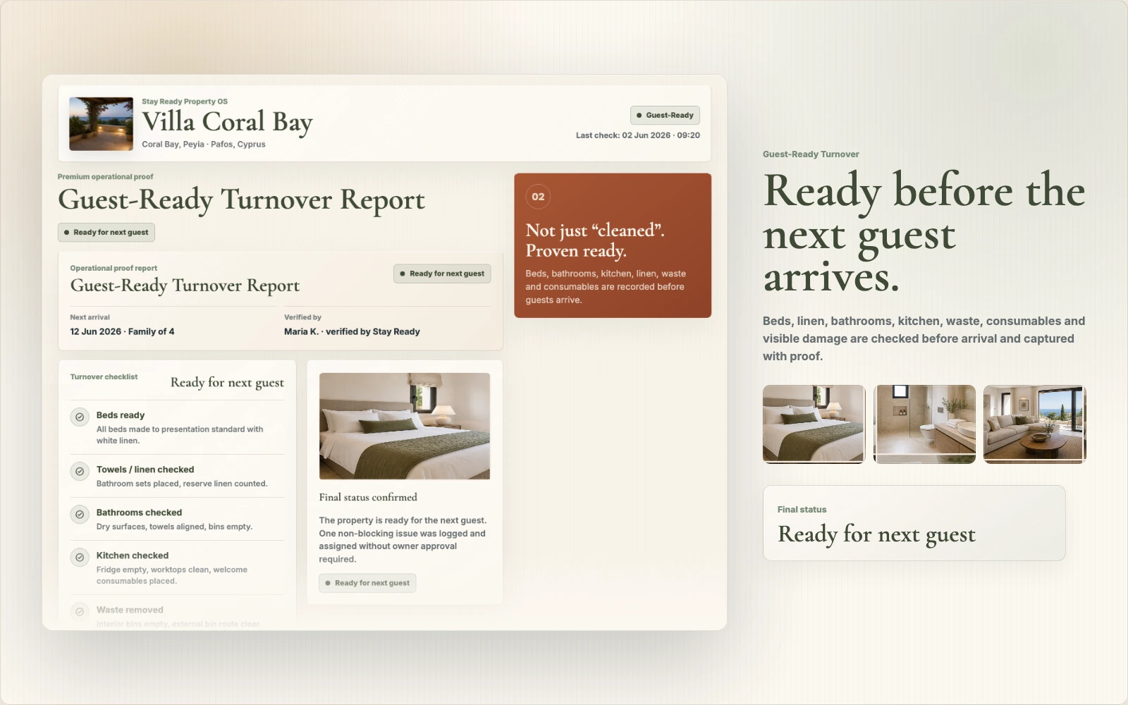 Turnover report mockup with photo proof and readiness notes